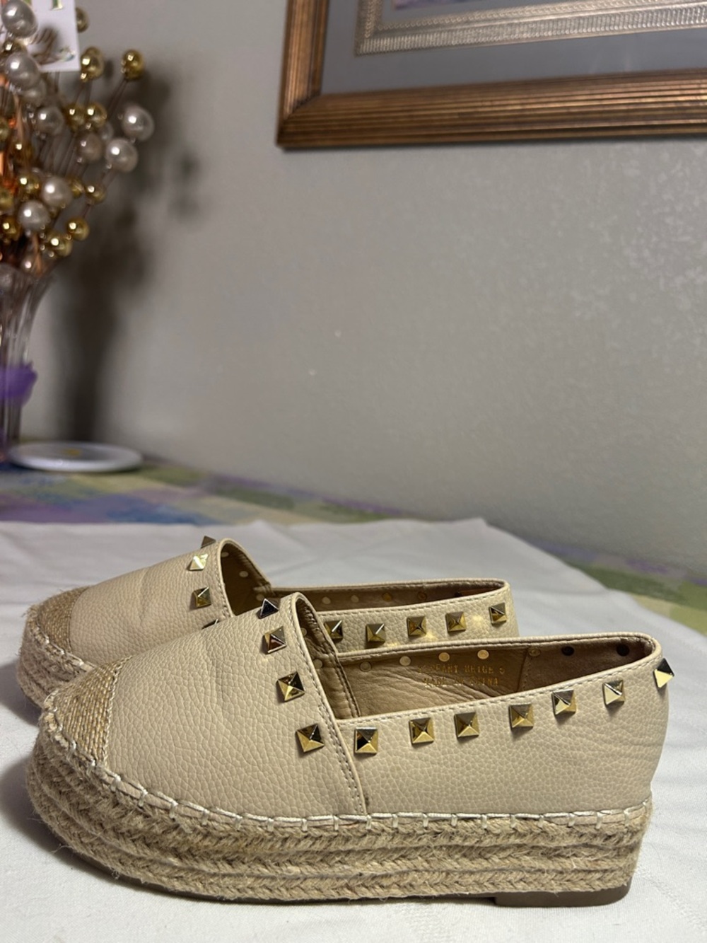 Neutral Studded Espadrille Platform Slip-On in Tiffany Beige
